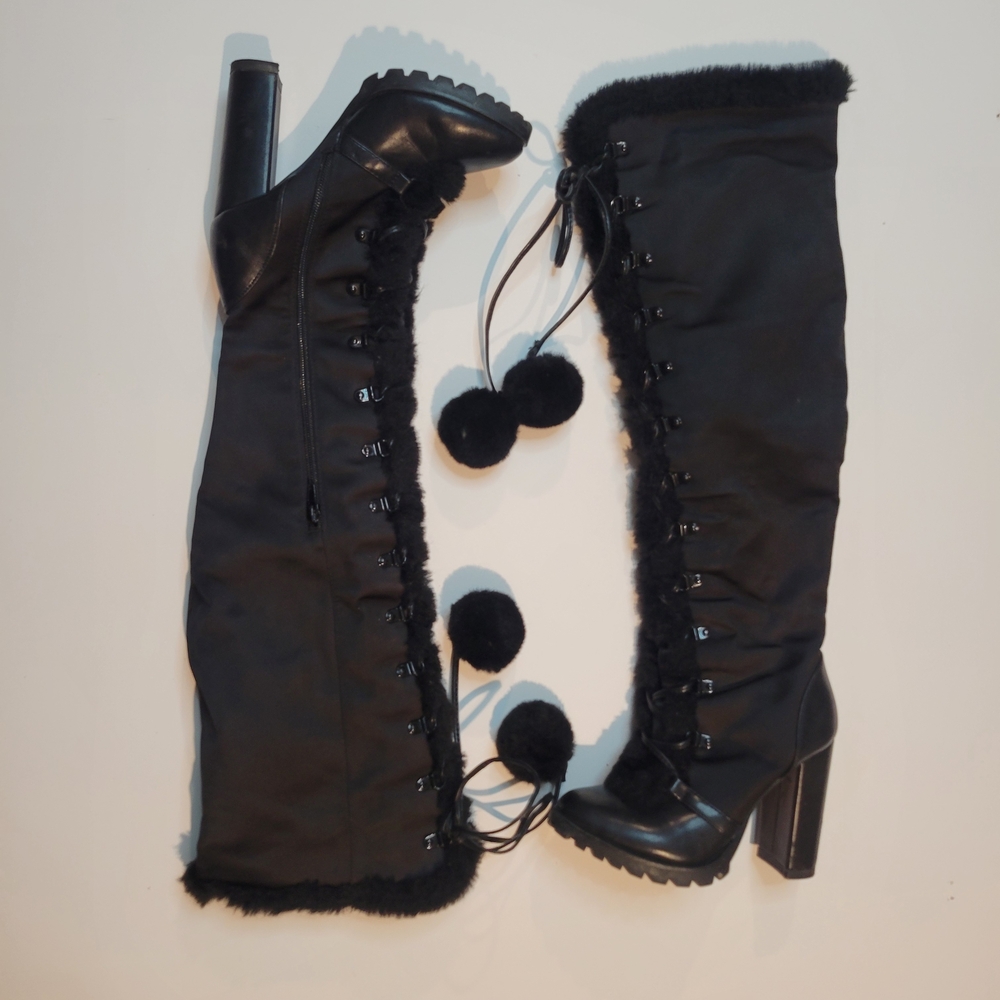 Elegant Black Over the Knee Boots with Pom-Pom Detail
